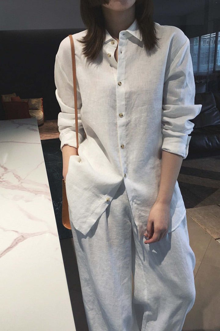 Cotton And Linen Casual Shirt And Wide-Leg Pants Two-Piece Set