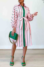 Load image into Gallery viewer, Striped Balloon Sleeve Lace-Up Shirt Midi Skirt
