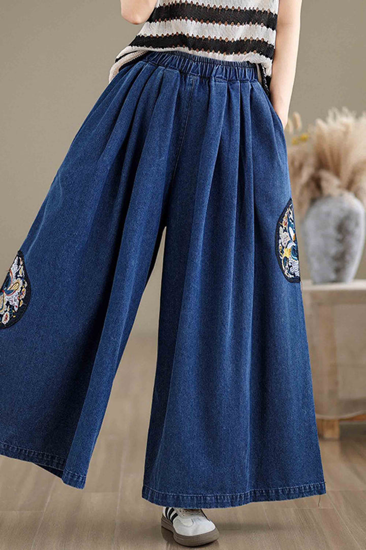 Thin Denim Embroidered Loose Wide-Leg Pants
