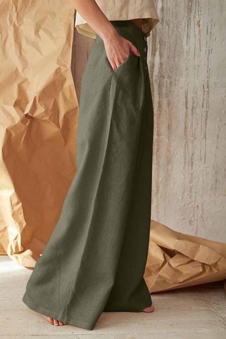 Women's High Waist Buttoned Cotton And Linen Wide Leg Pants