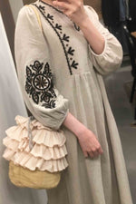 Load image into Gallery viewer, Vintage Embroidered High-Waisted Knee-Length Long-Sleeved Dress
