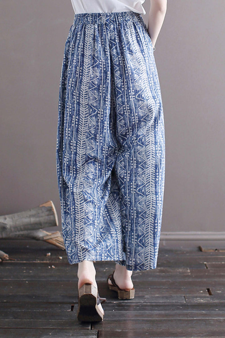 Linen Ethnic Style Batik Flower Pants Wide Leg Pants
