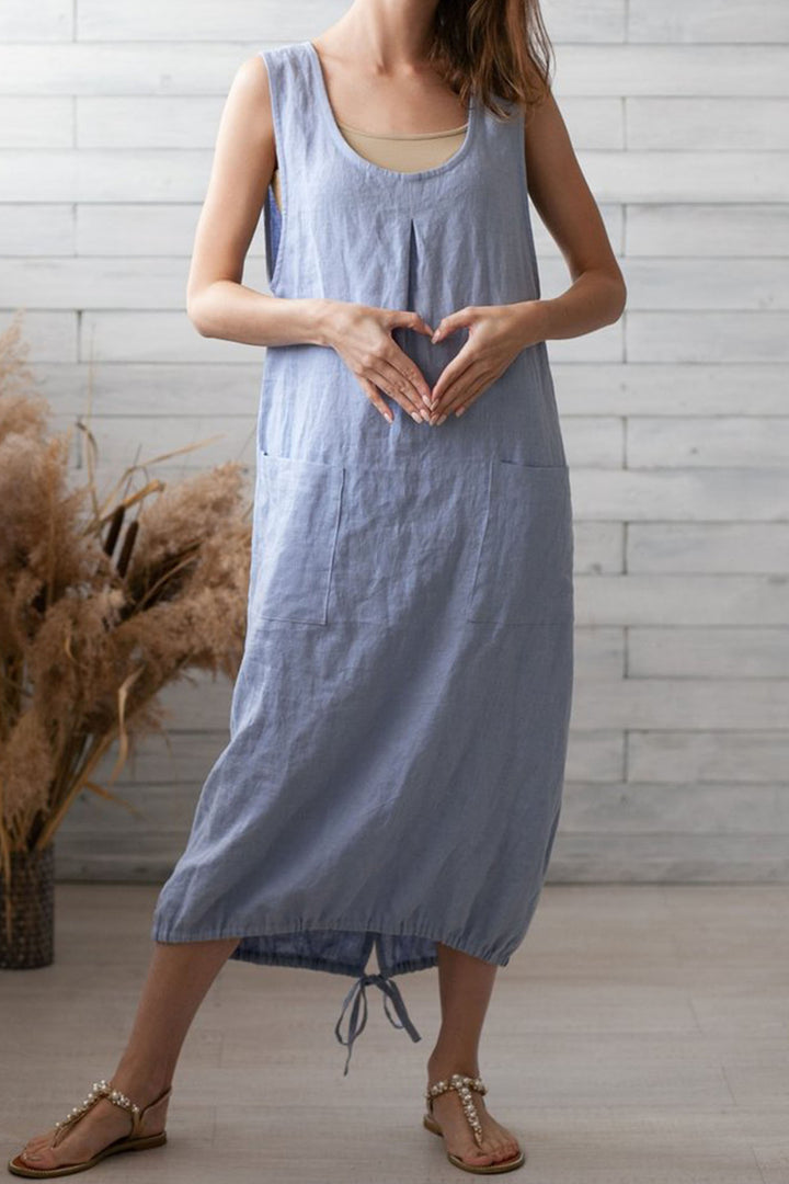 New Ladies Loose Solid Color Linen Sling Dress