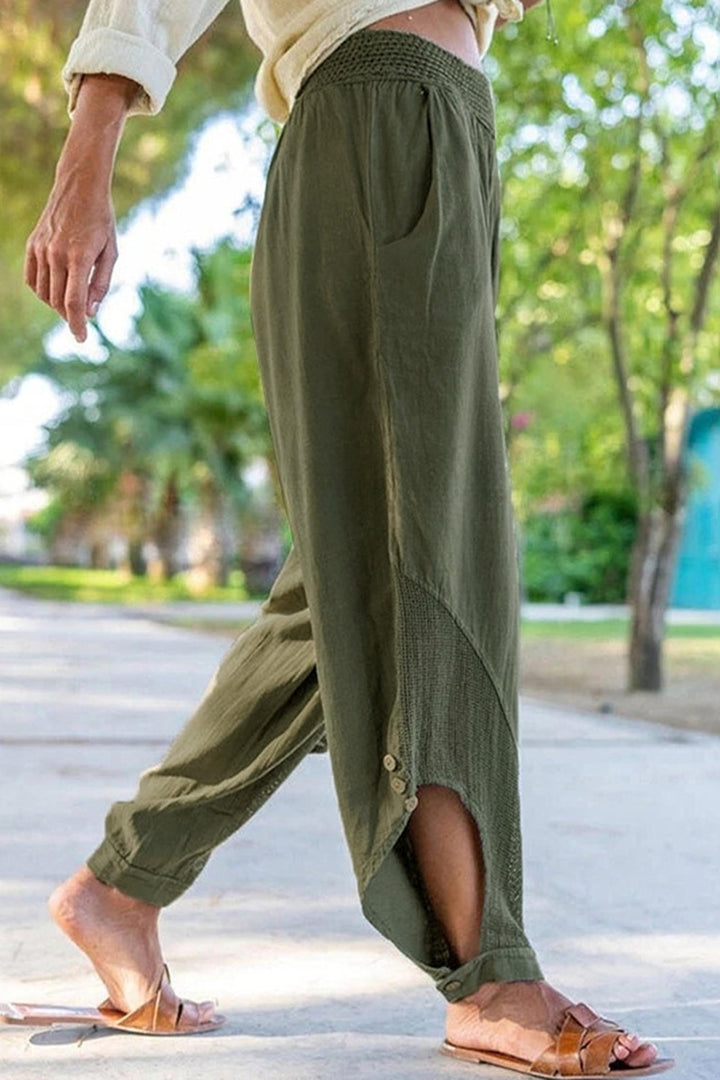 Cotton Paneled Hem Side Button Casual Trousers
