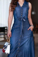 Load image into Gallery viewer, Flat Neck Washed Denim Bow Tank Dress