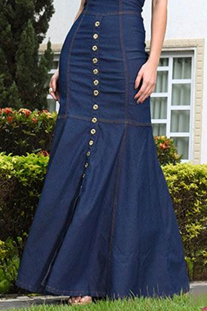 Solid Color Short Sleeve Denim Maxi Sheath Dress