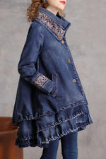 Load image into Gallery viewer, Stand collar vintage embroidered denim jacket
