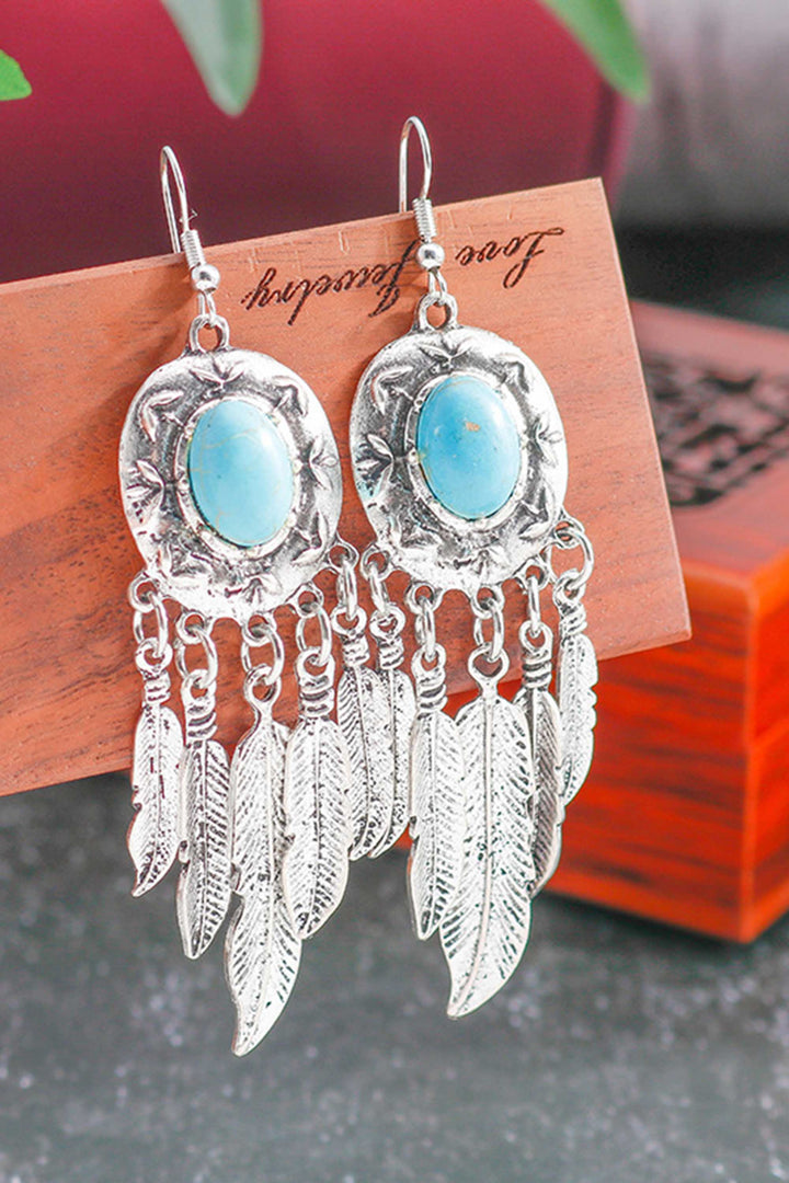 Bohemian turquoise tassel feather earrings