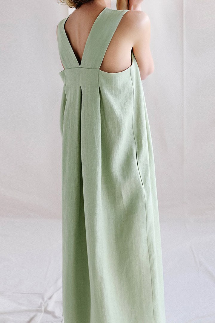 Sleeveless Linen Square Neck Suspender Dress