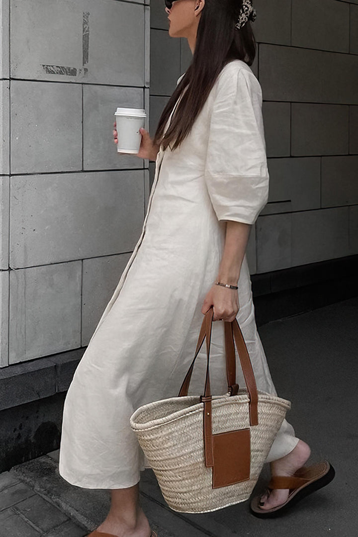 Puff Sleeve V-neck Cotton Linen Solid Color A-line Dress