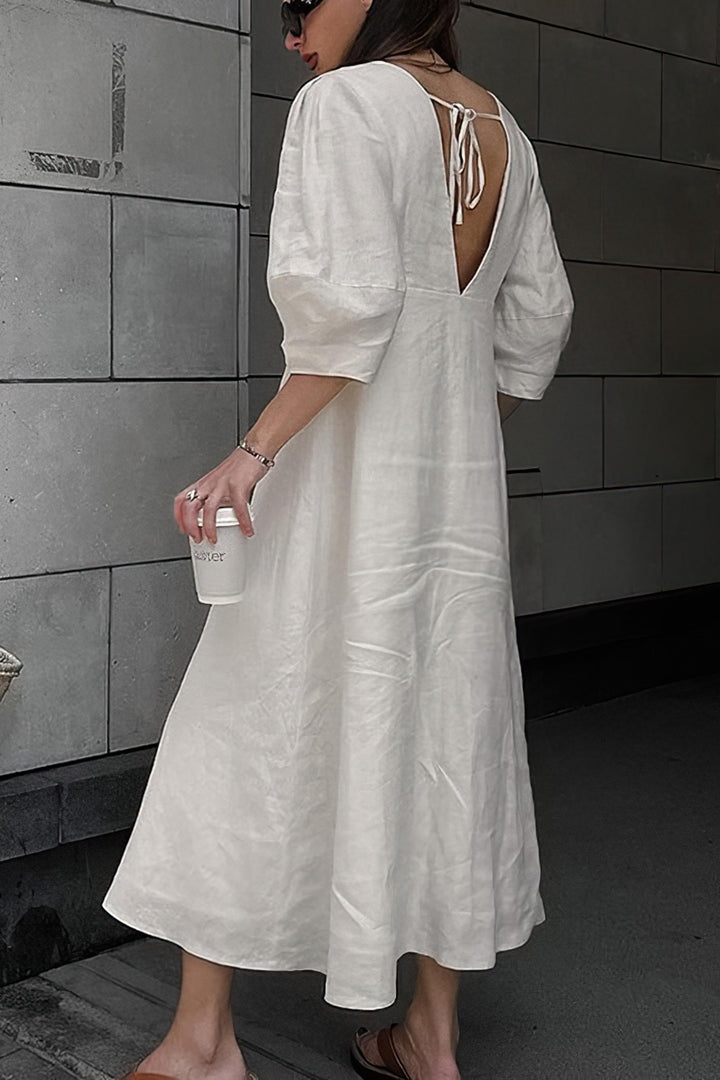 Puff Sleeve V-neck Cotton Linen Solid Color A-line Dress