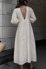Load image into Gallery viewer, Puff Sleeve V-neck Cotton Linen Solid Color A-line Dress
