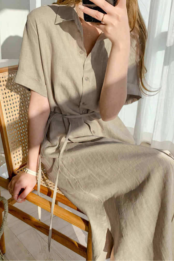 Loose Lace-up Short-sleeved Linen Shirt Dress