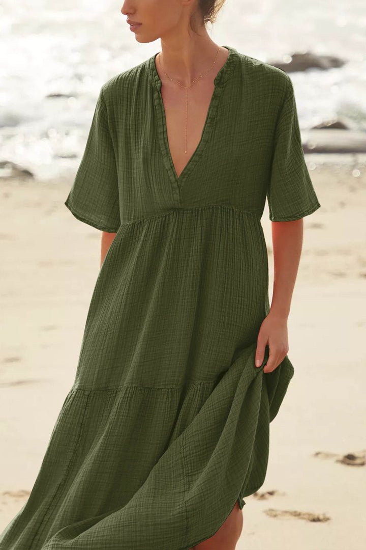 V-Neck Midi Sleeve Solid Color Resort Dress