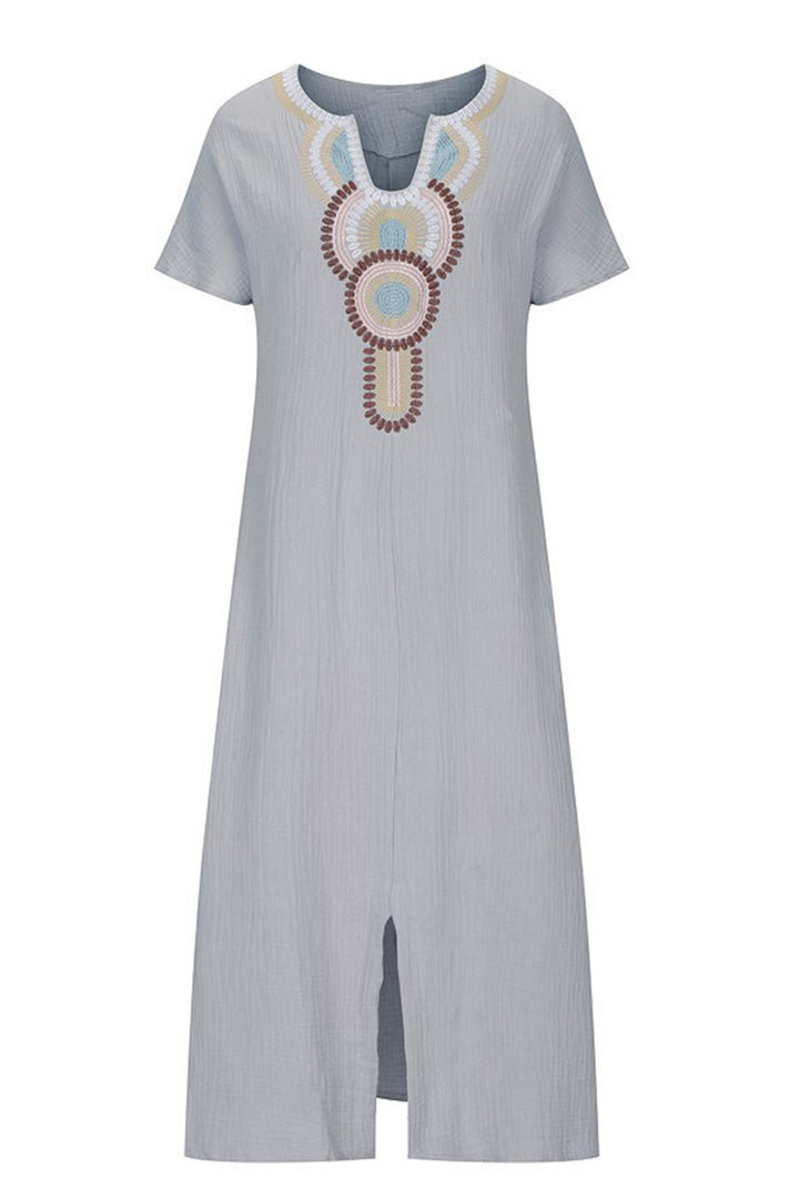 Cotton Linen Embroidered Split Dress