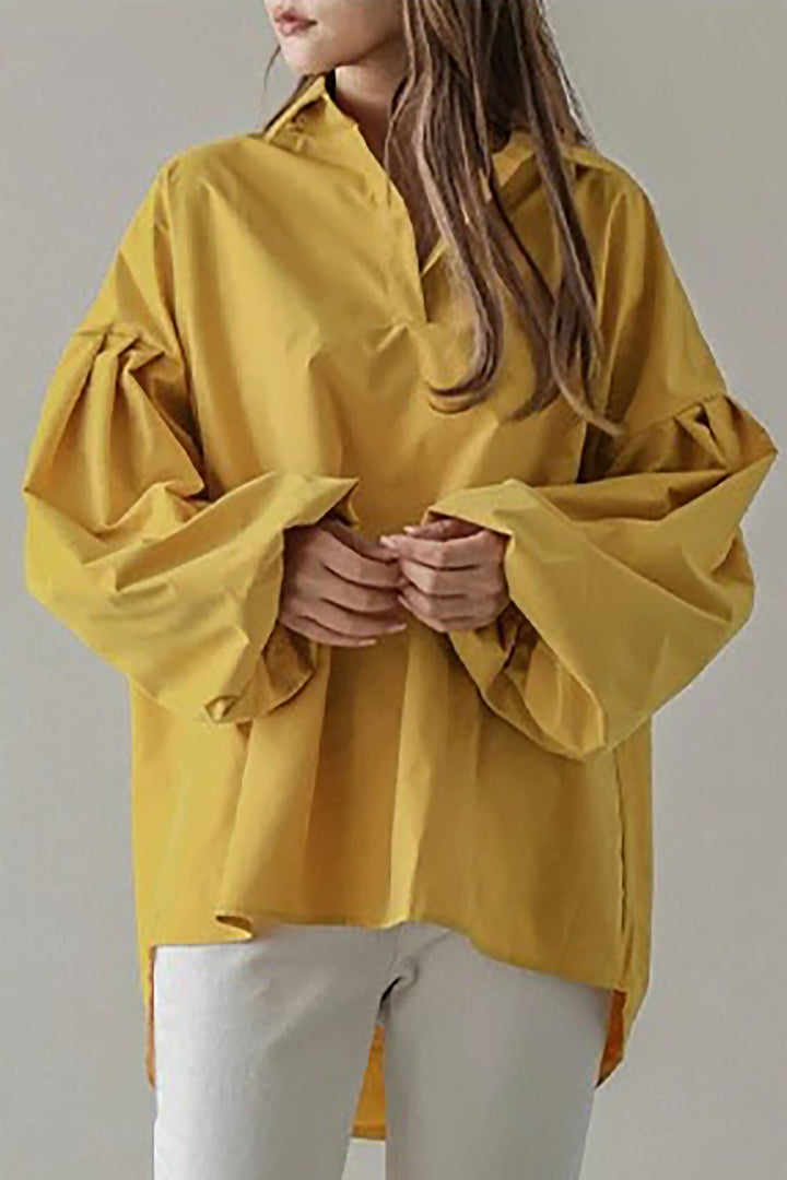 Loose Lantern Sleeve Pullover Lapel Solid Color Top