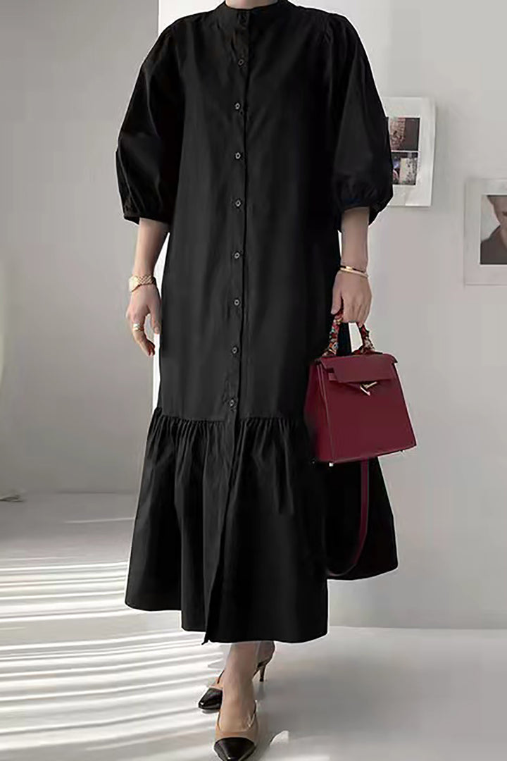 Stand Collar 3/4 Sleeves Button Placket Cardigan A-line Dress leemho