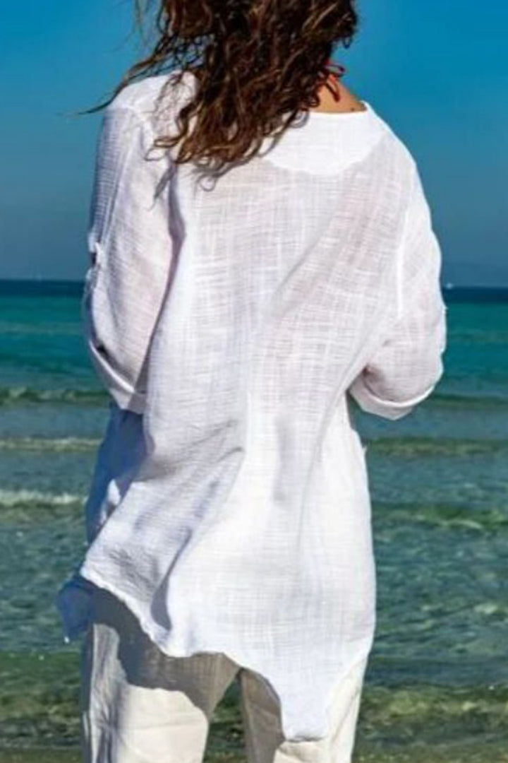 Solid Color Long Sleeve Pocket Irregular Linen Shirt