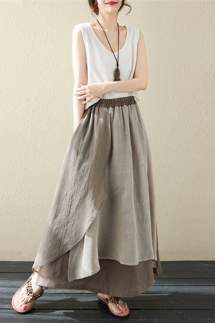 Irregular Cotton Linen Loose Color-block Skirt Long Skirt
