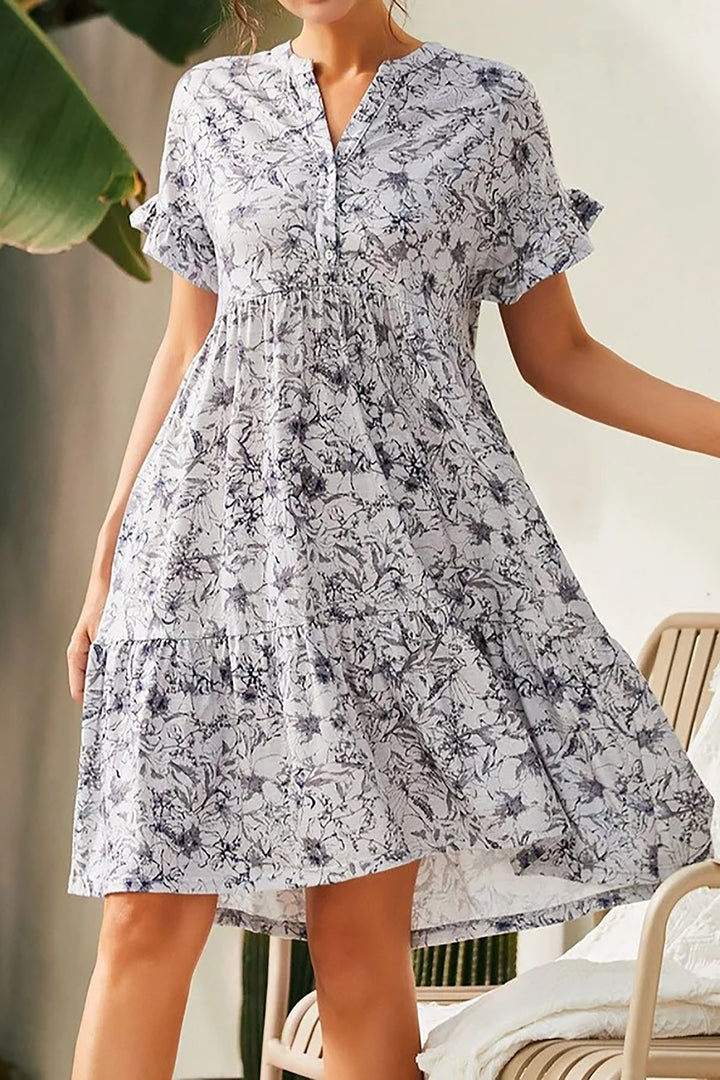 V Neck Button Print Short Sleeve Loose Casual Dress