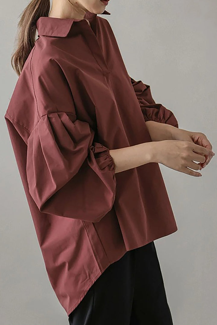 Loose Lantern Sleeve Pullover Lapel Solid Color Top