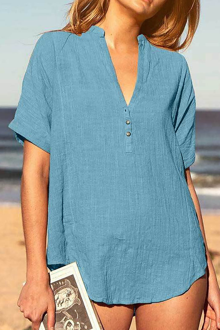 V Neck Short Sleeve Casual Solid Color Mid Length Pullover Shirt leemho