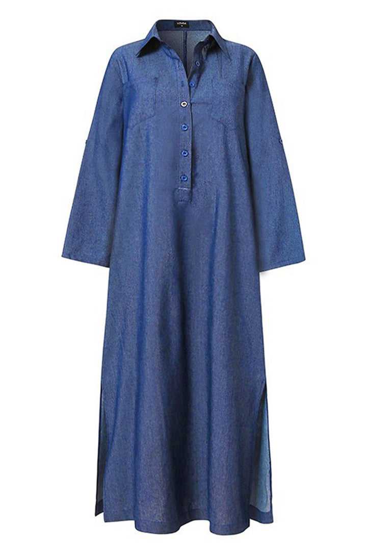 Long Sleeve Lapel Cardigan Solid Denim Long Dress leemho