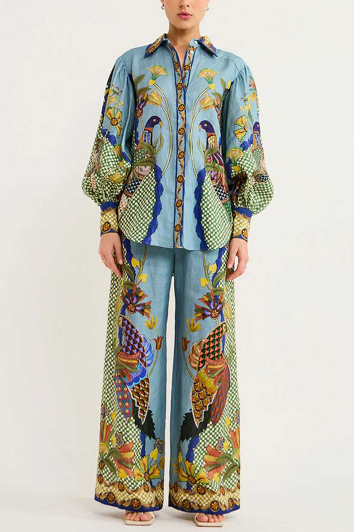 Printed Puff-sleeved Long-sleeved Shirt And Trousers Two-piece Set