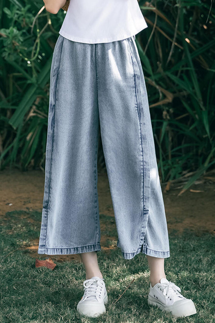 Embroidered Denim Relaxed Wide-Leg Pants leemho