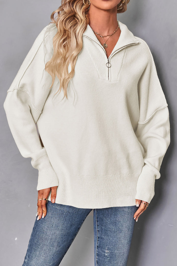 Solid Color Zip High-neck Knit Pullover