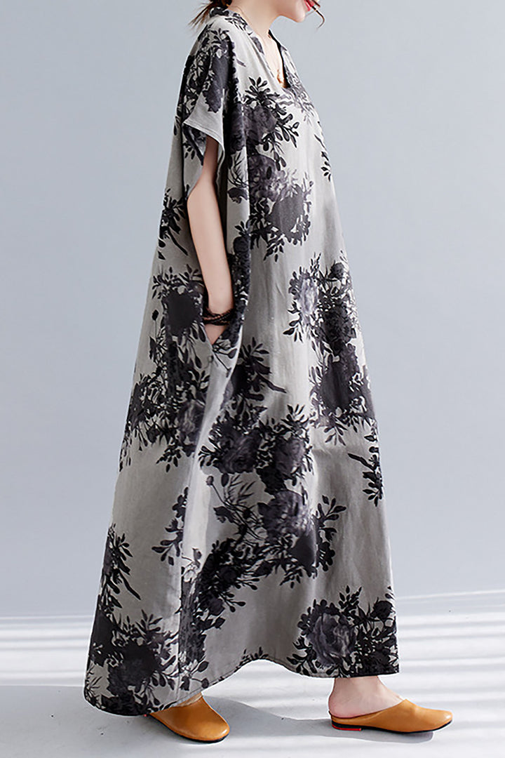 Cotton Linen V-Neck Printed Cozy Robe Dress leemho