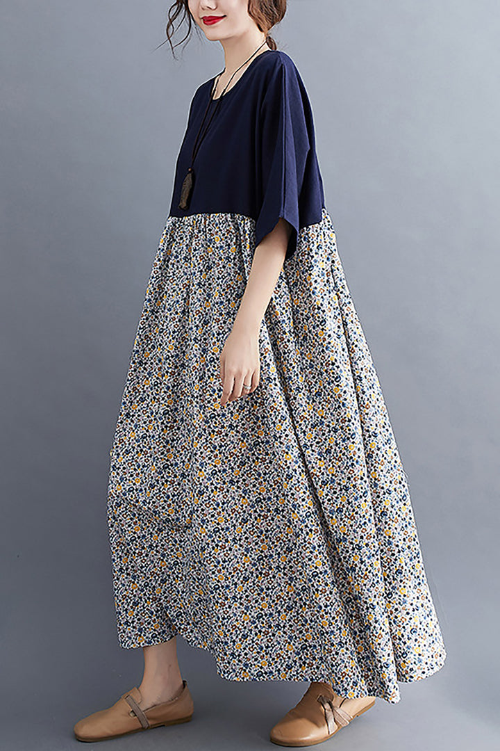 Cotton Linen Loose Short Sleeve Printed Floral Dress leemho