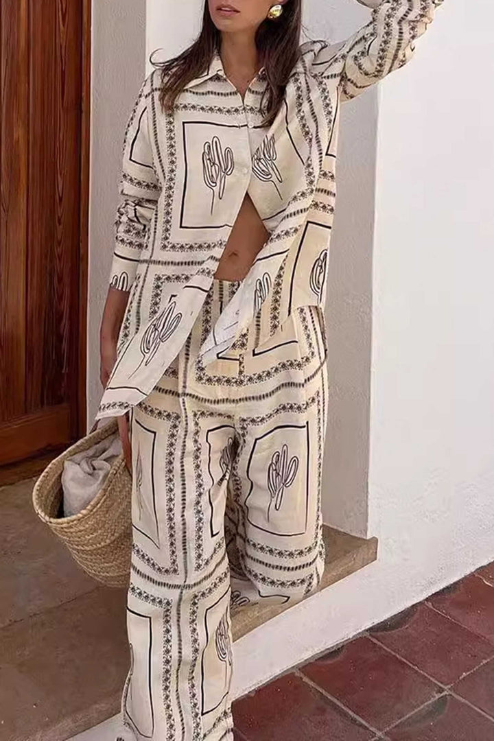 Outdoor Printed Long-sleeved Shirt And Trousers Two-piece Home Wear Set