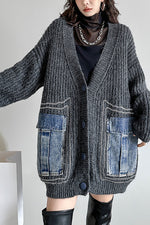 Load image into Gallery viewer, Denim Pocket Design V-neck Thick Knitted Sweater Cardigan leemho