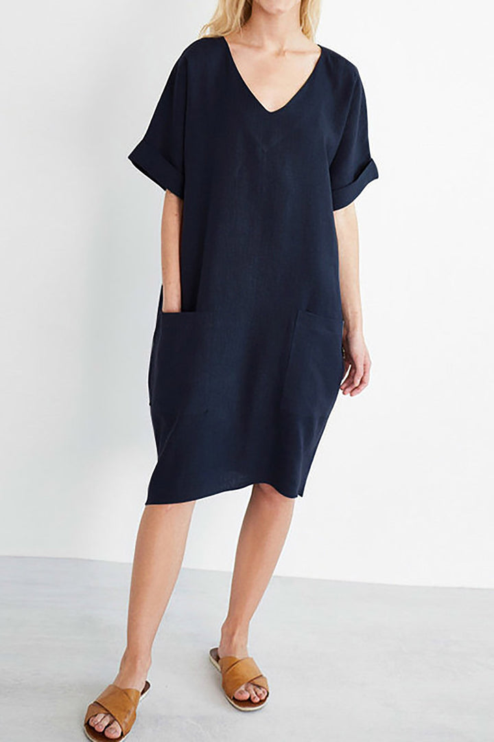 Short Sleeve V Neck Pocket A-Line Dress