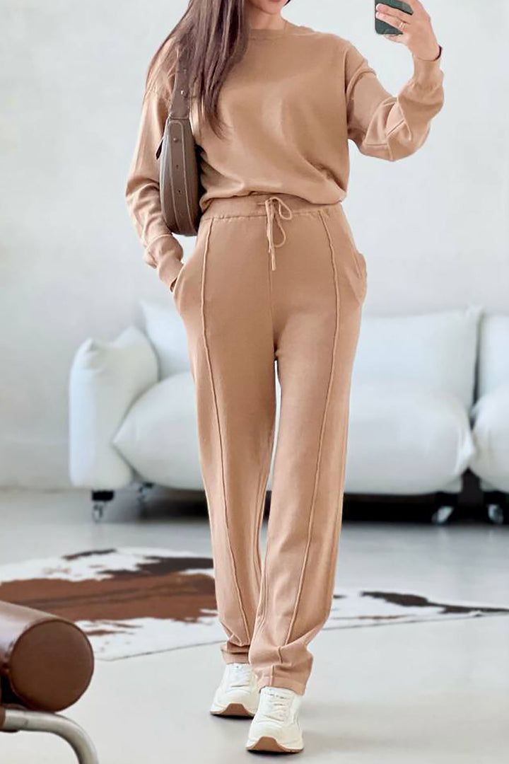Loose Crew Neck Tops Trousers Knitted Suit leemho