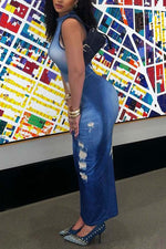 Load image into Gallery viewer, Printed Denim Elegance Slim Dress