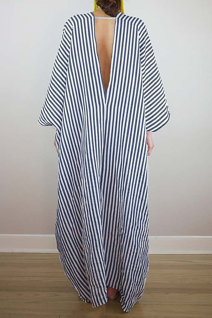 Cotton Linen Striped Cardigan V-neck Dress