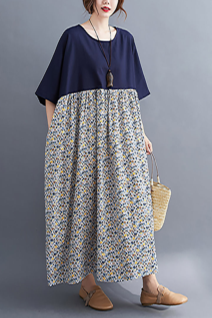 Cotton Linen Loose Short Sleeve Printed Floral Dress leemho