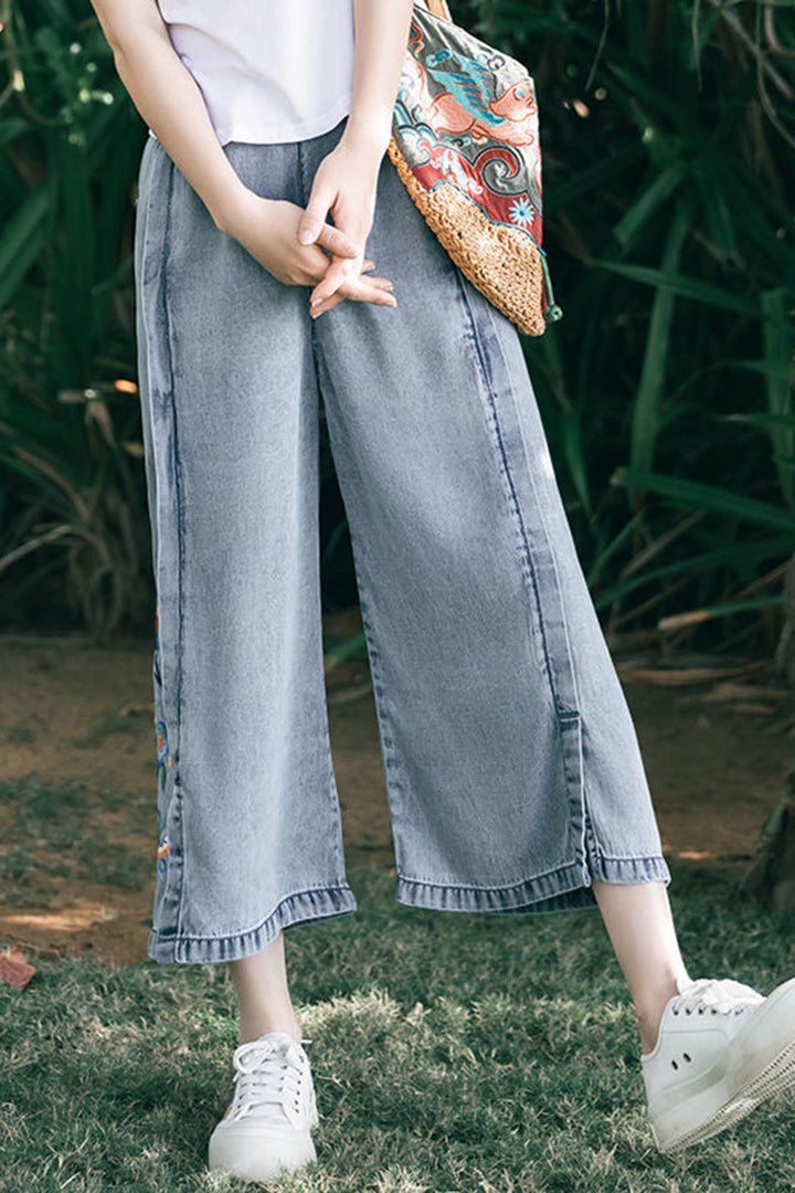 Embroidered Denim Relaxed Wide-Leg Pants