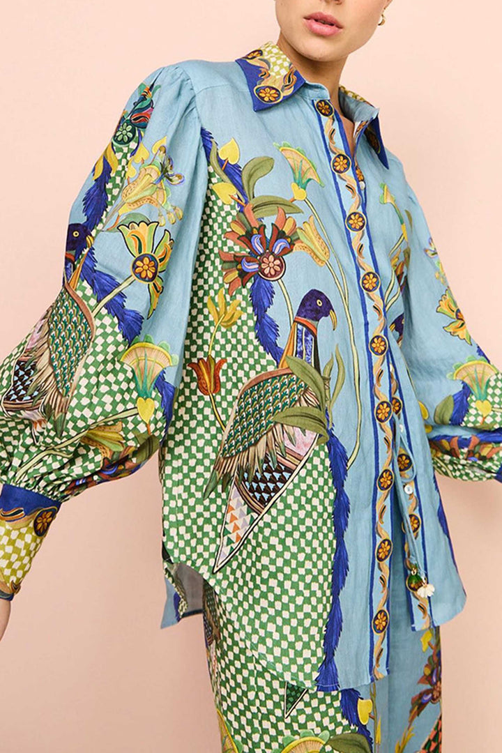 Printed Puff-sleeved Long-sleeved Shirt And Trousers Two-piece Set