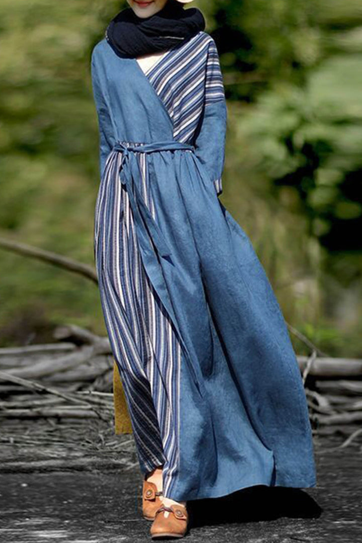 Striped Contrast Color Stitching Swing Long Skirt