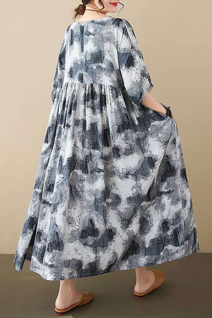 Vintage Ethnic Cotton Linen Print Short Sleeve Dress