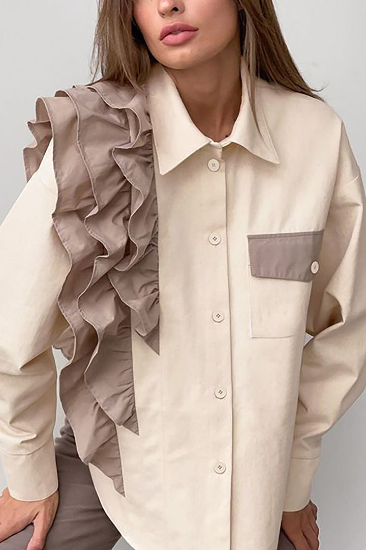Spring Asymmetric Colorblock Long Sleeve Shirt Blouse