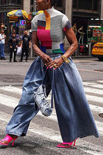 Load image into Gallery viewer, Loose Wide Leg Contrast Color Elasticity Pockets Jean Pants Bottoms
