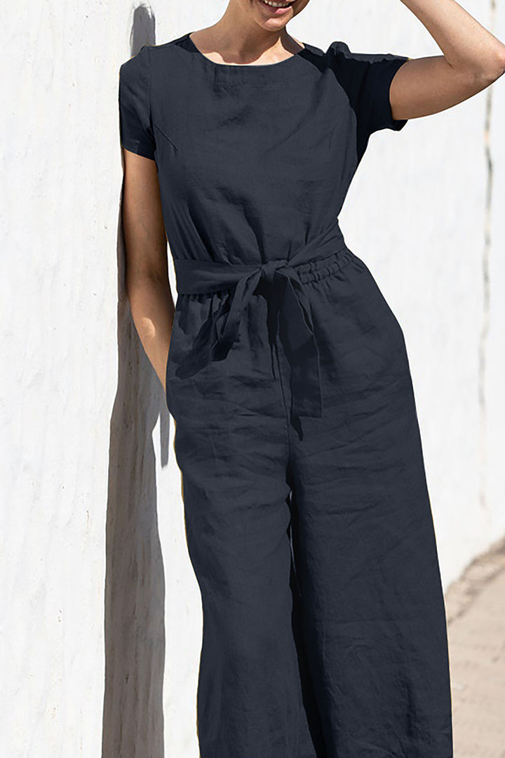 Solid Color Short-sleeved Casual Loose Jumpsuit leemho