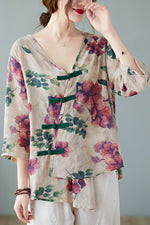 Load image into Gallery viewer, Printed Buckle V-neck Irregular Cotton Shirt leemho