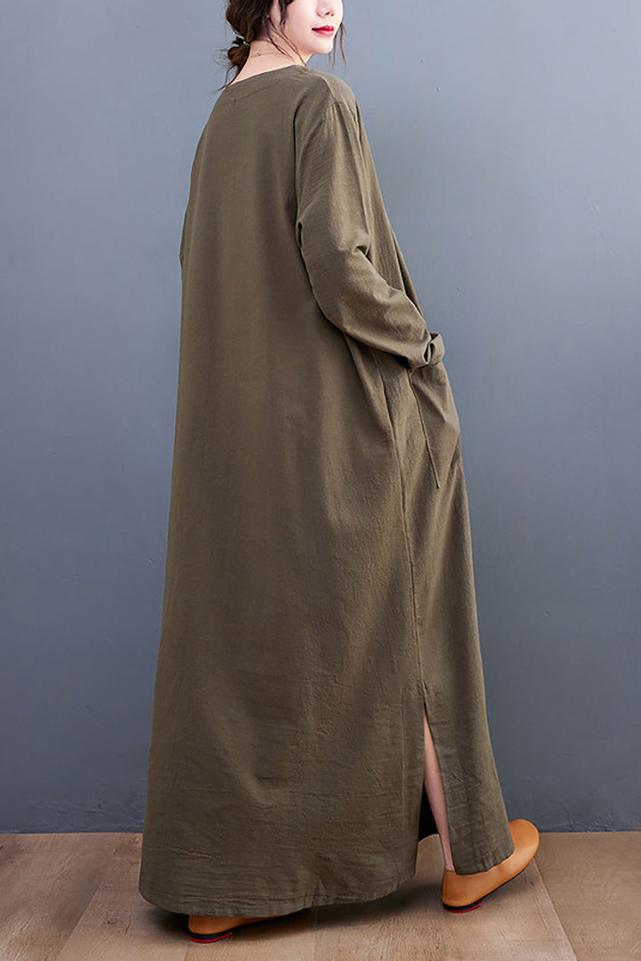 Vintage Cotton Linen V-neck Long-sleeve Dress leemho