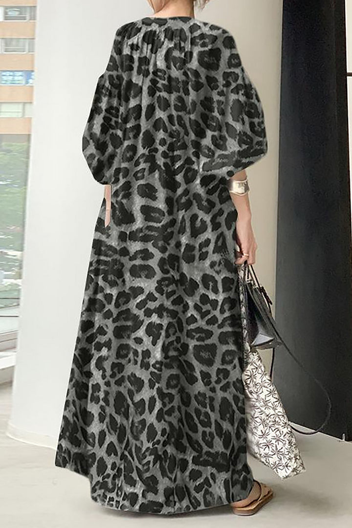 Leopard Print Stand Collar Puff Sleeve Dress