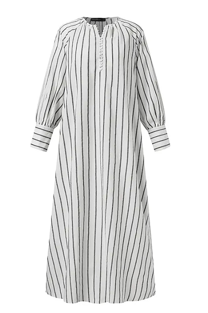 Cotton Striped Round Neck Long-sleeved Pullover Dress leemho